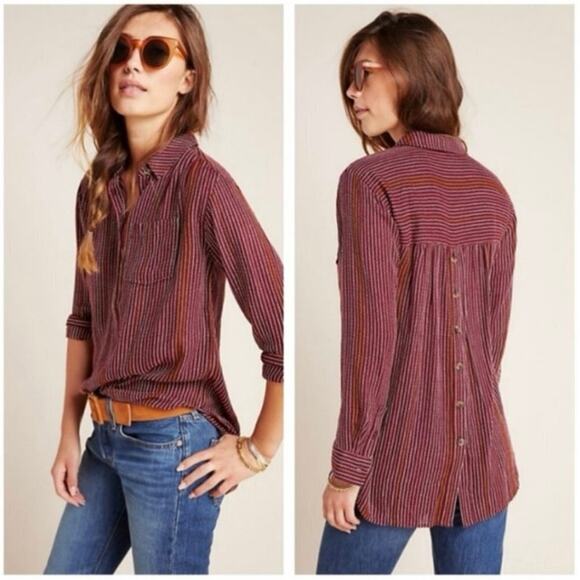 Anthropologie Tops - Anthropologie Isadora Long Sleeve Striped Button-Back Popover Tunic Top Size XS